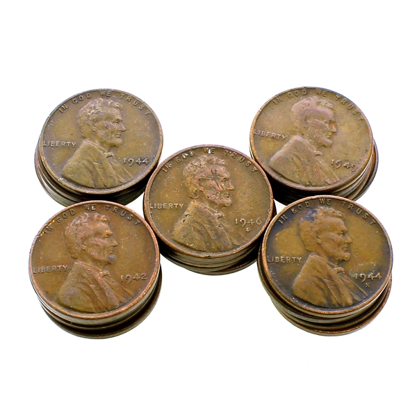 25 1940-1949 Lincoln Wheat Cent Pennies