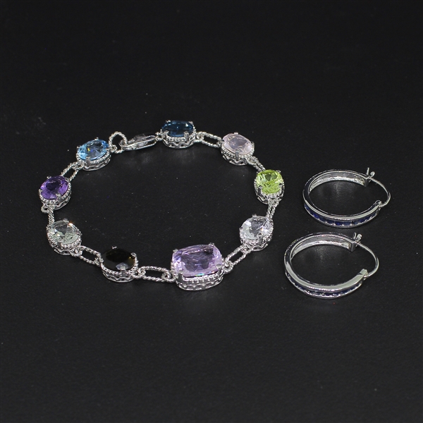 Blue Topaz Earrings and Multi Gemstone Bracelet Sterling Silver Collection 
