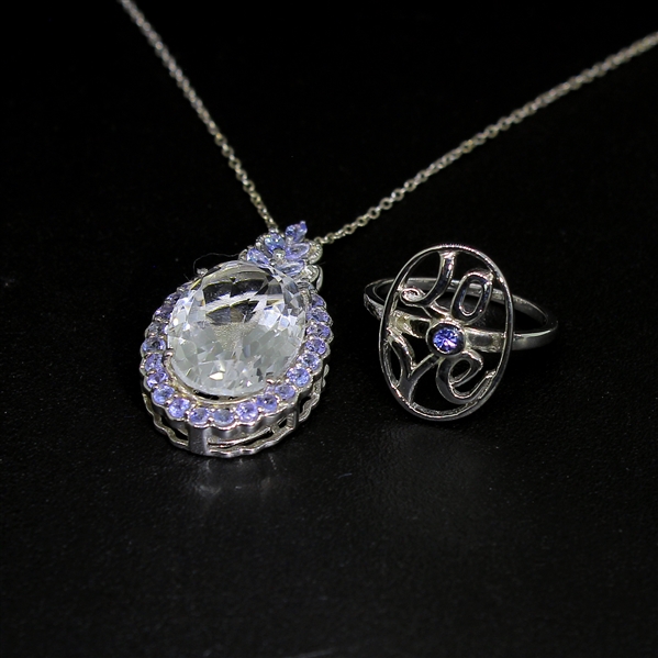 Tanzanite Ring Size 7 and Aquamarine Pendant Sterling Silver Collection 
