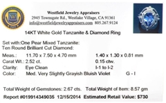 14KT. White Gold, 2.52CT Diamond And Tanzanite Ring