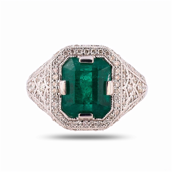3.66ct Emerald and 0.80ctw Diamond Platinum Ring (Vault_R64) 