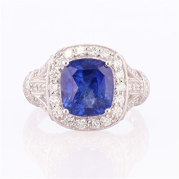 4.97ct Blue Ceylon Sapphire and 0.81ctw Diamond Platinum Ring (Vault_R64) 